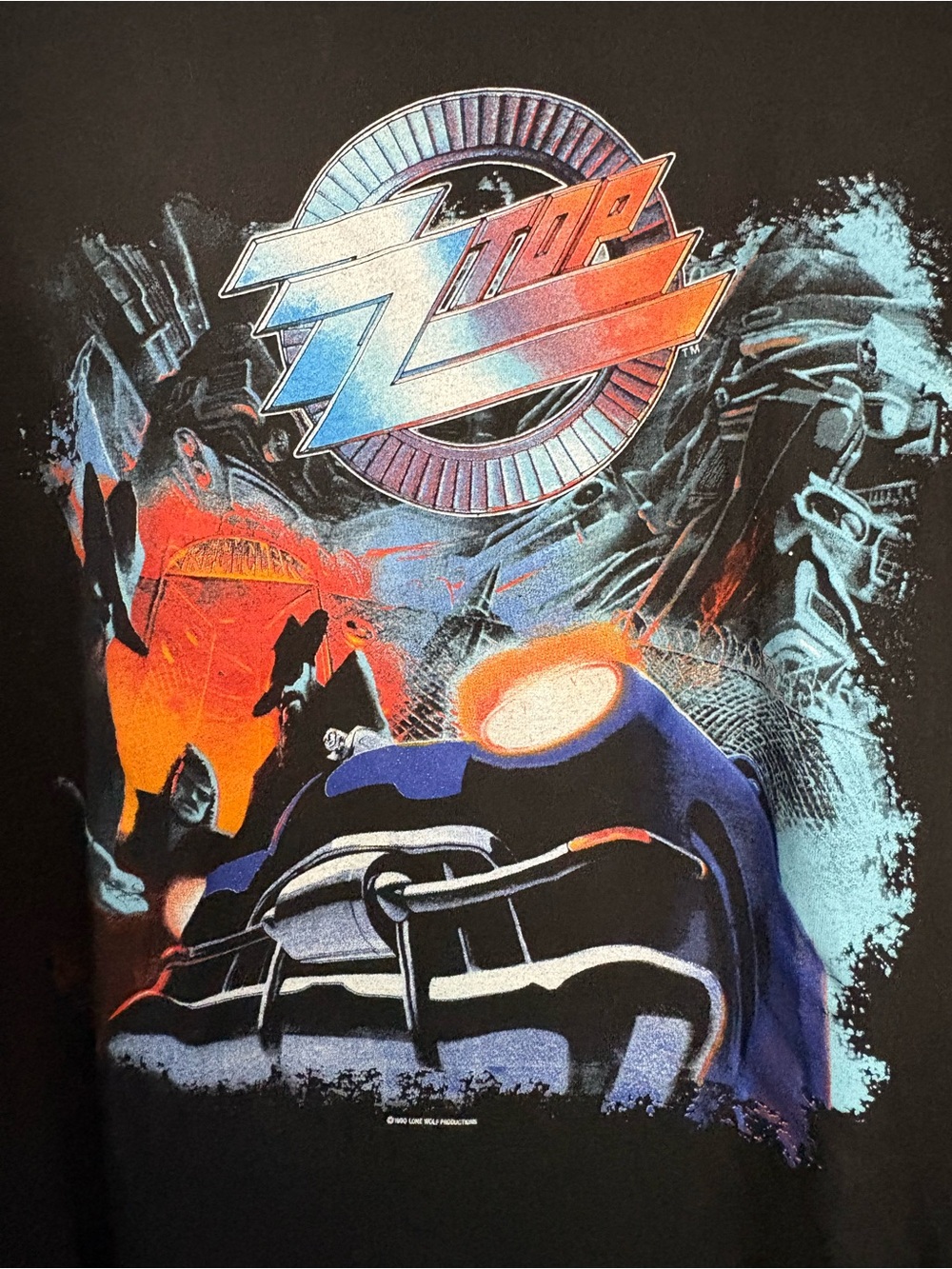 ZZ Top Recycler World Tour 1990 Graphic Tee - Black with Blue & Orange Art